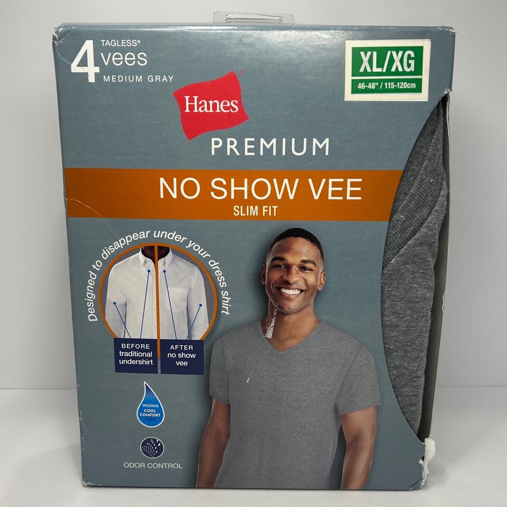 Hanes Premium 4 Pack No Show Vee Slim Fit Undershirts Medium Gray XL 46-48 New